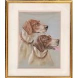 20th century pastel study of two coupled foxhounds, 33x25cm