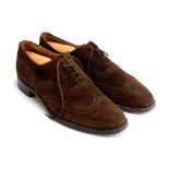 A pair of Russell & Bromley 'Ashbourne' brown suede brogues, size 10E, with wooden trees