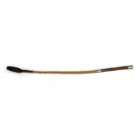 An early 20th century riding whip, twisted wicker with leather handle, nickel collar and knop,