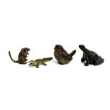 Four small cold painted bronzes, a rat, 2cm high, crocodile, 4.5cm long, songbird, 2.5cm high and