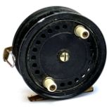 An Allcock "Easicast" 3.5" alloy drum casting reel with line brake, twin white handles, brass foot