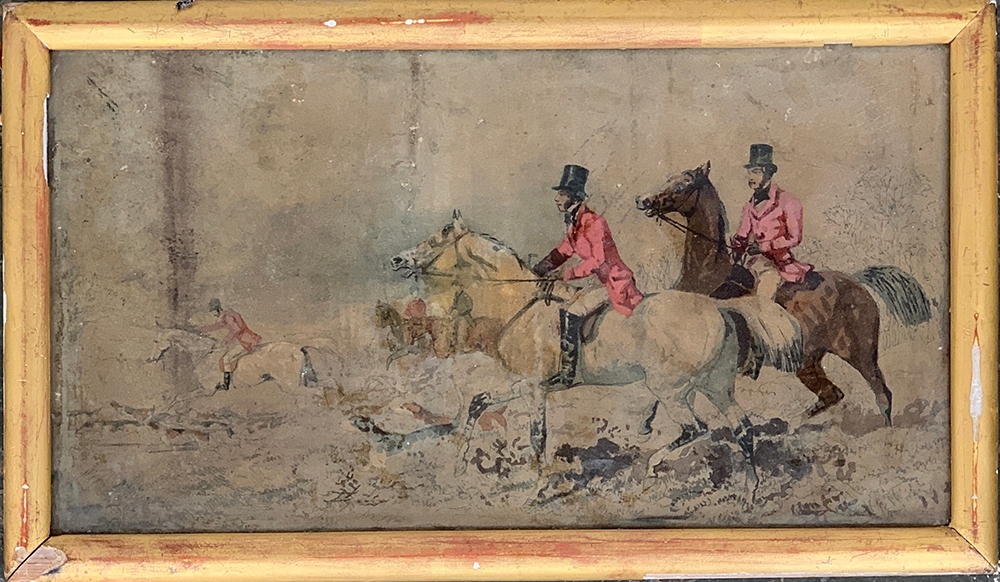 An early 19th century pen and colour wash study of huntsman, hounds, and followers, 17x30cm