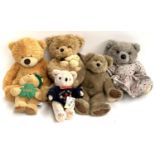 Six teddy bears to include Aurora, Bukowski bear holding a dog, Applause bear in dress, Bounty