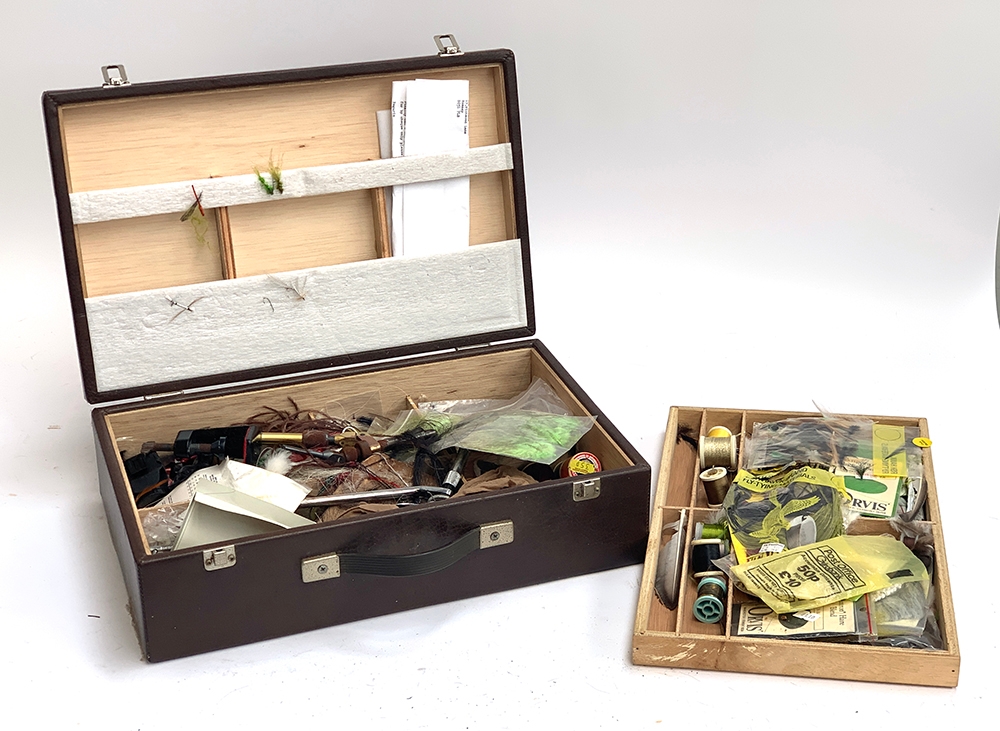 A Bob Church & Co. Northampton fly tyers chest with removeable tray, various fly tying materials and