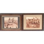 Two sepia photographic prints of a shooting party including George V, mounted on elephants, each