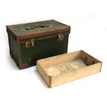 A green travel trunk with leather trim and removeable tray, 53x32x33cmH