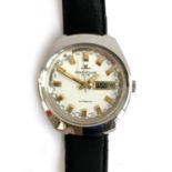 A Jaeger leCoultre Club stainless steel day date automatic gent's wrist watch, with broad baton