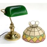 A glass bankers lamp together with a capiz shell light shade, 25cmD