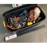 A storage chest containing a quantity of tools to include Black & Decker work boots, roof rack etc