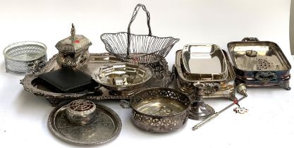 A large quantity of plated items to include rectangular tray with chased border, several serving