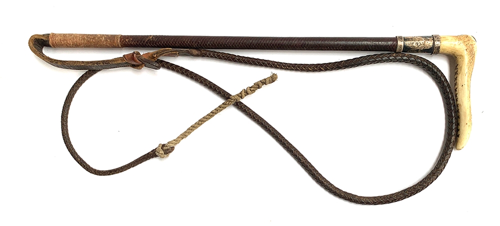 A Swaine lady or child's hunting whip, with silver collar monogrammed S.J.H. 1964, with leather