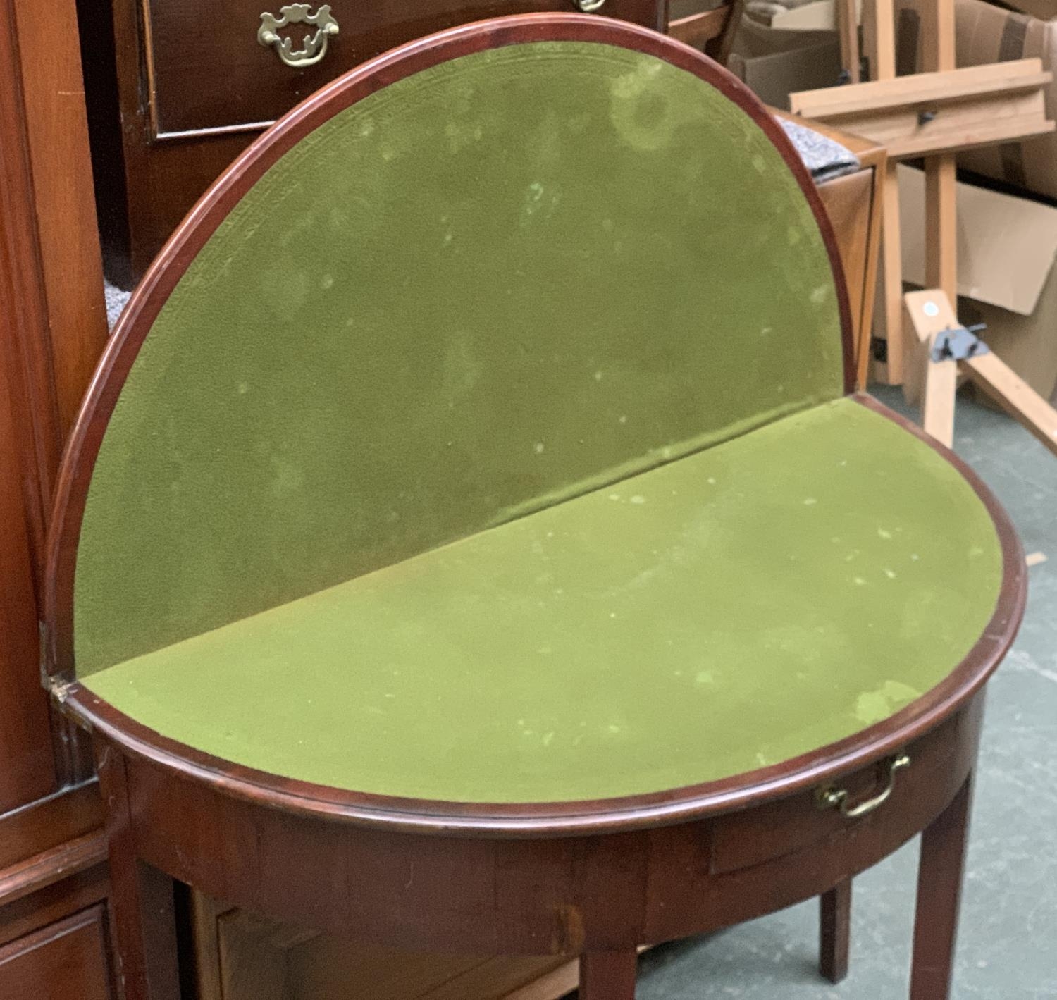 A 19th century demilune card table, fold over baize top, single frieze drawer on plain square - Bild 2 aus 2