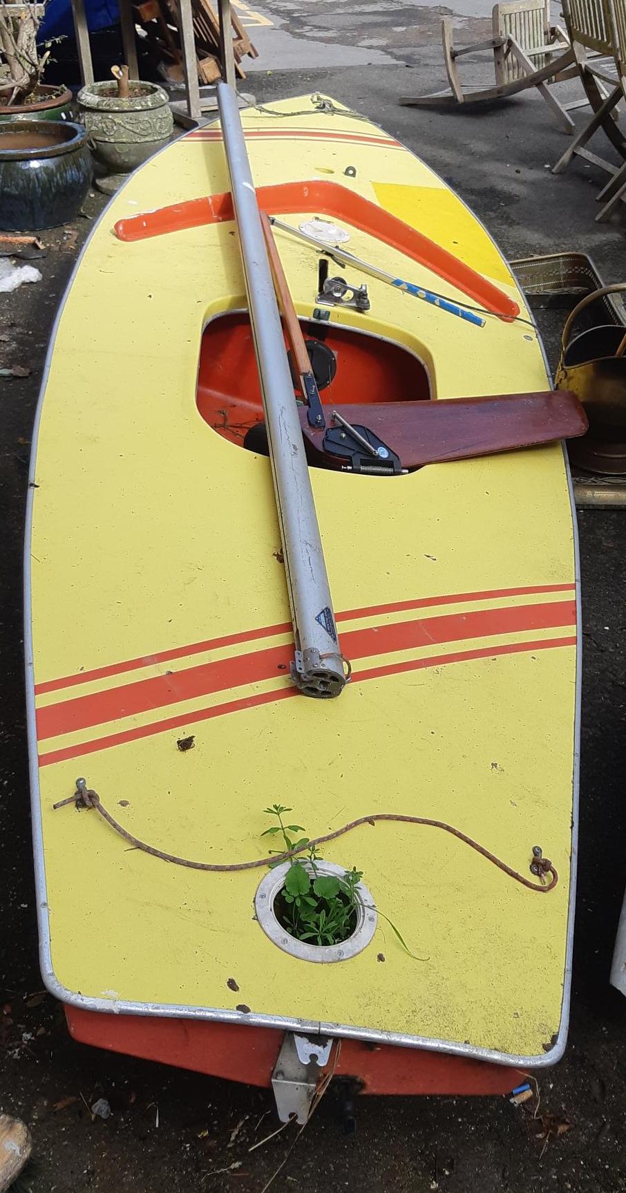 A possibly laser fibreglass dinghy, 4.2m long, with Proctor Spar mast and rudder