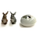 A pair of Royal Copenhagen rabbits, each 9cmH; together with a Royal Copenhagen egg shaped trinket