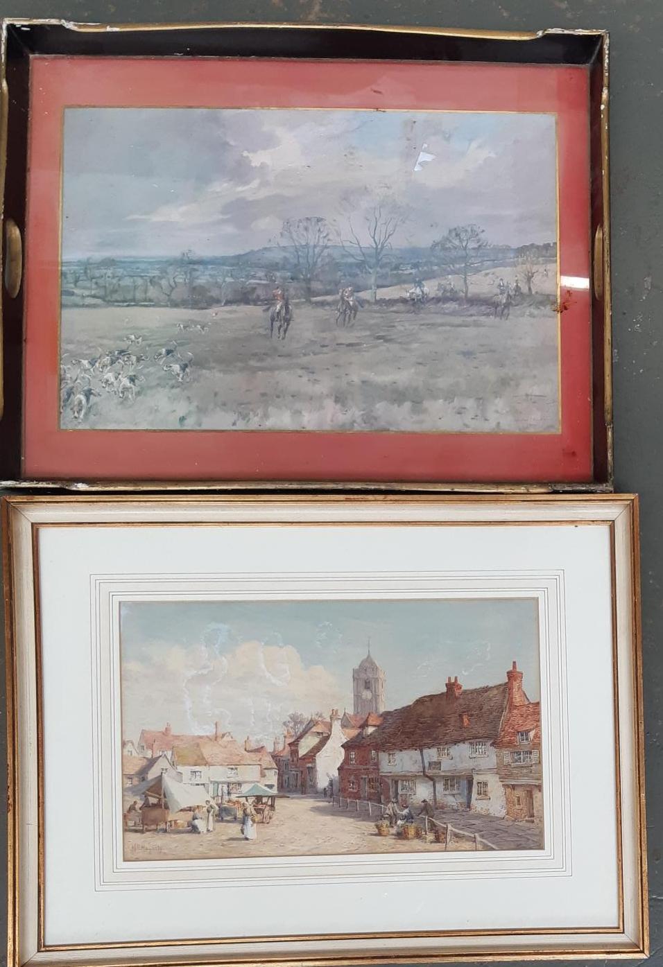 MS Hagarty, late 19th/early 20th century watercolour of a town square, signed, 24x40cm; together