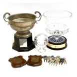 Golf interest, presentation trophies to include 'Ford Golf' glass trophy on base etc
