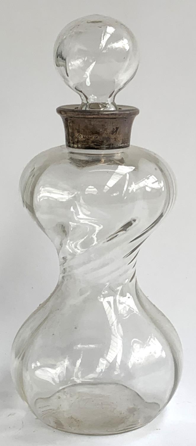 A silver mounted hour glass decanter, wrythen body, the collar by William Hutton & Sons; 26cmH