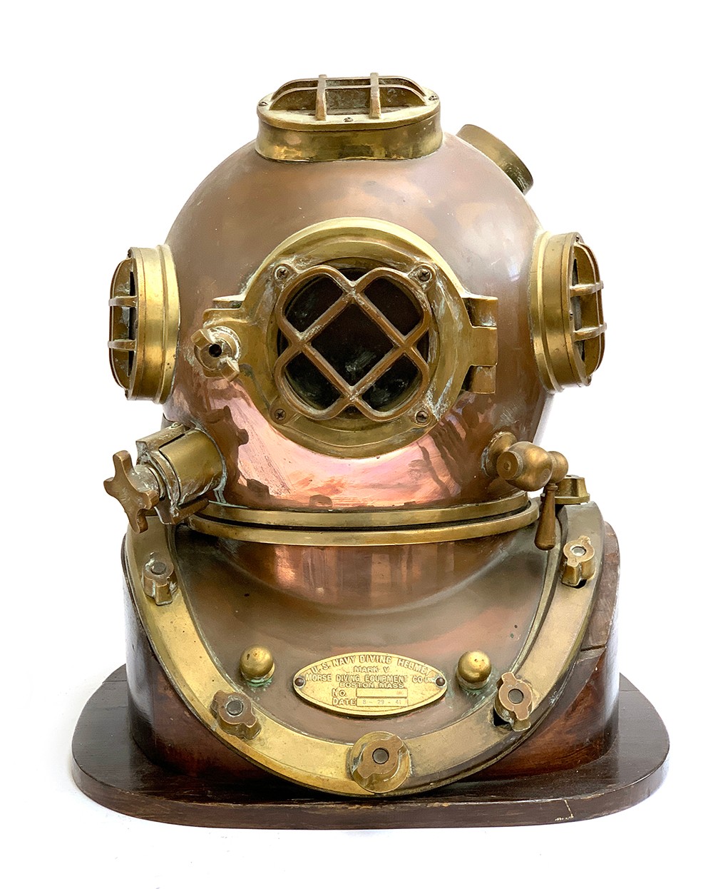 A Brass and copper US navy diving helmet, bears a label "U.S.Navy Diving Helmet Mark V, Morse Diving
