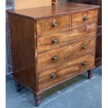 A 19th century mahogany chest of two short over three graduating drawers, with unusual spring pull
