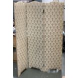 A three fold screen, upholstered in a fleur de lis fabric, each panel 45x172cm