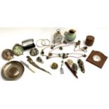 A mixed lot to include a leather stud box containing cufflinks; Swiza alarm clock; Dartmoor pixie