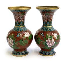 A large pair of Chinese Cloisonne vases, with butterfly and chrysanthemum decoration, 26.5cm