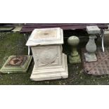 A composite stone garden plinth, together with three other items, the plinth 50cmH (4)