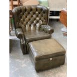 A green leather button back club chair, 90cmW; together with a matching footstool with hinged lid