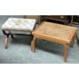 A Regency style cross frame footstool, 64cmW; together with a sycamore and caned stool (2)