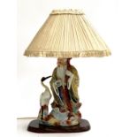 A Chinese ceramic table lamp of an immortal with a stork, height including shade 50cmH
