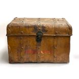A 19th century tole ware tin travel trunk with metal strap bracing, 73cm wide