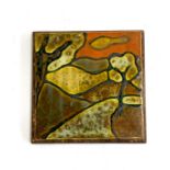 Maria Geurten (1929-1998), painted glazed ceramic tile with woodland decoration, bearing label for