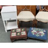 A white painted work table, with barley twist supports, together with two footstools