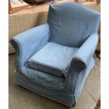 A blue upholstered bedroom chair, 88cmW