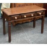 A 19th century and later oak side table, moulded top over three frieze drawers, on square