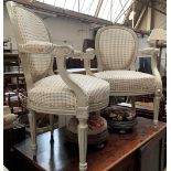 A pair of French painted elbows chairs, 57cmW