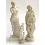 Three alabaster classical figures, 32cmH, 29cmH and 16cmH