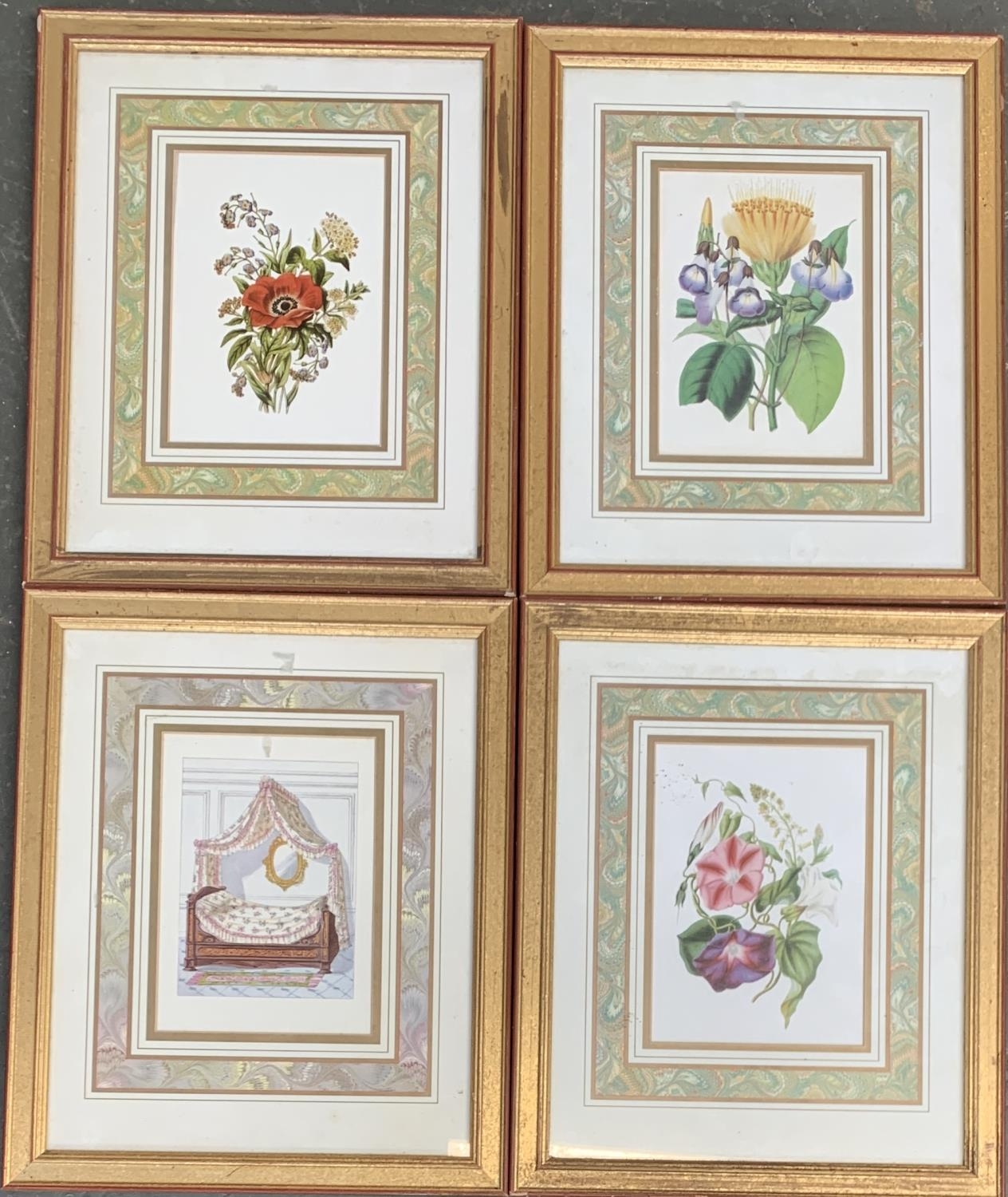 A set of three botanical prints, and one of a bedroom, each 21x15cm (4)
