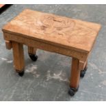 A small oak footstool, inscribed 'Dick, Morgan, Shelagh, Anno 1972 Xmas', 41cmW