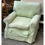 A country house armchair, upholstered in faded green silk, 90cmW