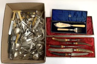 A mixed lot of plated flatware to include bone handled knives; cased antler carving set etc