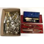 A mixed lot of plated flatware to include bone handled knives; cased antler carving set etc