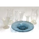 An art glass charger, 42cmD; together with two glass candlesticks with chimneys, 31cmH; and