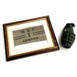 An Irish UVF Armagh Ulster Volunteer Force Officer armband, framed; together with a model grenade