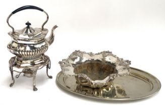 A silver plated kettle on stand, half gadrooned body, hinged on stand with burner below; together