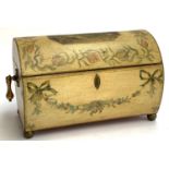 A hand painted wooden trinket chest, the lid painted with scene of woodland road and tulip design,