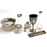 Various silver topped dressing table items, a rectangular silver lid, a silver rimmed cut glass