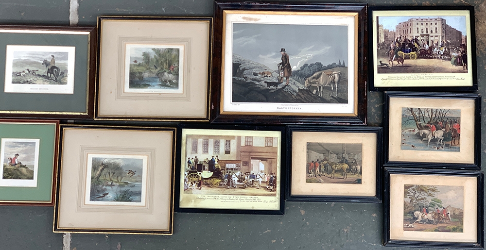 Ten various hunting and shooting related prints, some 19th century engravings, to include a set of