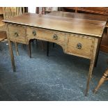 A late 19th early 20th century mahogany writing desk, with barber's pole stringing, kneehole with