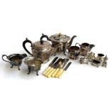 A mixed lot of plated wares to include Mappin & Webb teapot; flatware to include Mappin & Webb